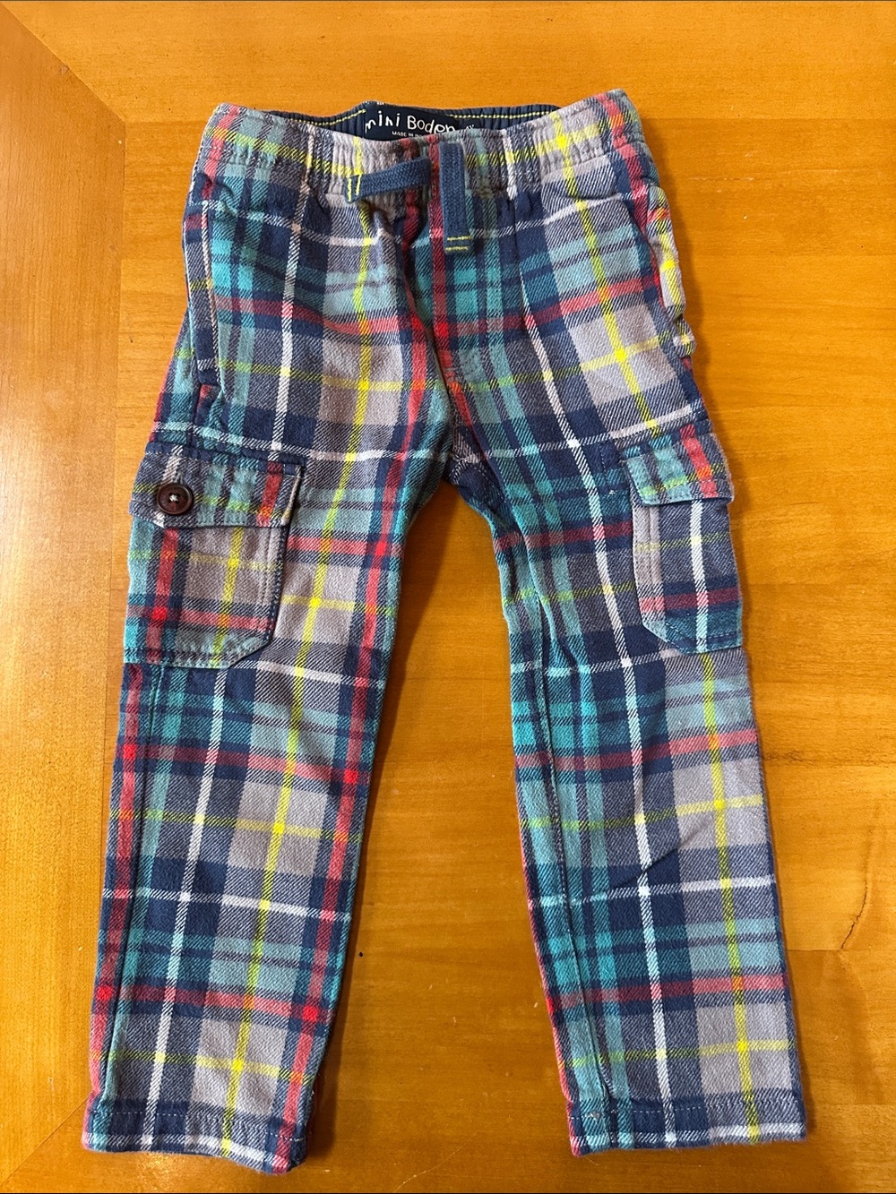 Mini Boden Navy Plaid Cargo Joggers with Multicolor Stripes